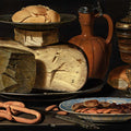 A classical still life painting depicting an assortment of food items including a large wheel of cheese, sliced brie cheese, pretzels, sliced sausage, a terracotta jug, and a goblet of amber liquid on a dark background.