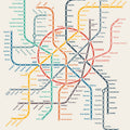 A subway map poster titled 'SUBWAY OF MUSIC GENRES' showing music genres as transit lines on a beige background, with a legend at the bottom left.