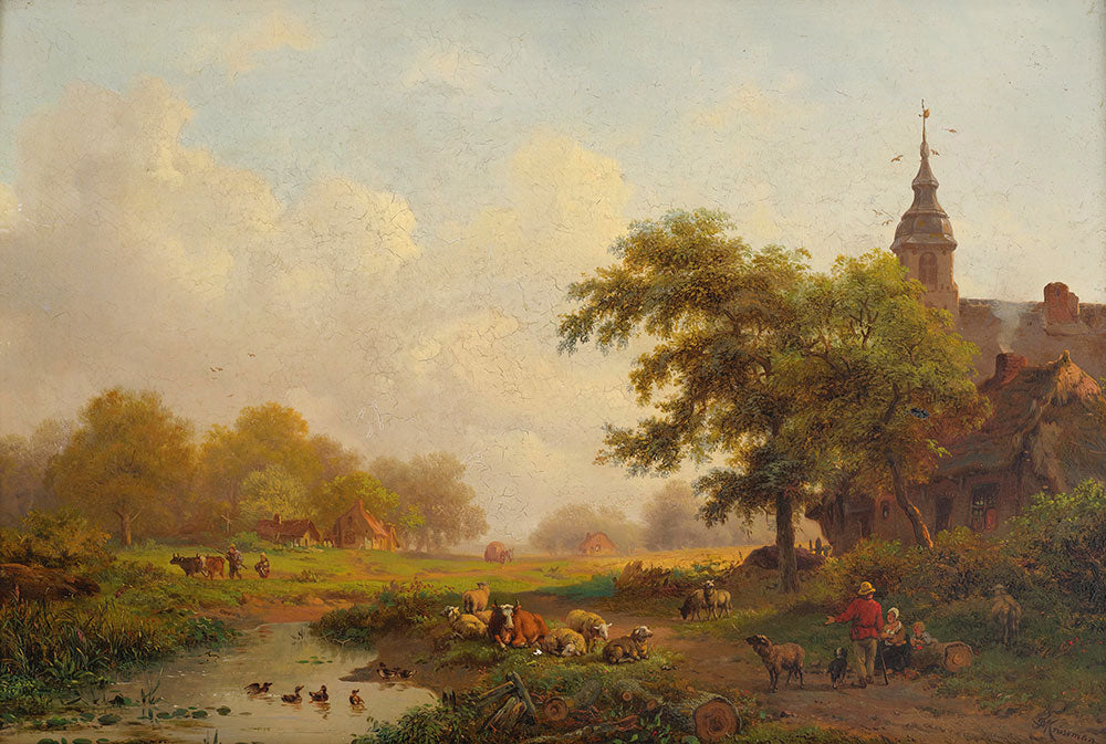 Summer Landscape With Sheperds And Cattle Near A Village by Frederik Marinus Kruseman - Art Print - Zapista