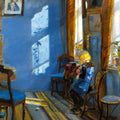 An impressionistic painting of an interior room with a seated woman in a blue dress near a window, rendered in blue, gold, brown, and cream tones. Furniture, wall shadows, and framed art are visible.