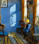 An impressionistic painting of an interior room with a seated woman in a blue dress near a window, rendered in blue, gold, brown, and cream tones. Furniture, wall shadows, and framed art are visible.