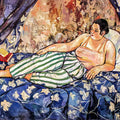 An expressive painting of a reclining woman on a bed, rendered in rich blues, creams, greens, and warm skin tones. The scene includes patterned bedding, draped fabric, and a red book on the bed.