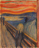 Edvard Munch's painting 'The Scream' depicting a figure with a distorted face screaming on a wooden bridge over a swirling blue water landscape under a fiery red and orange sky.