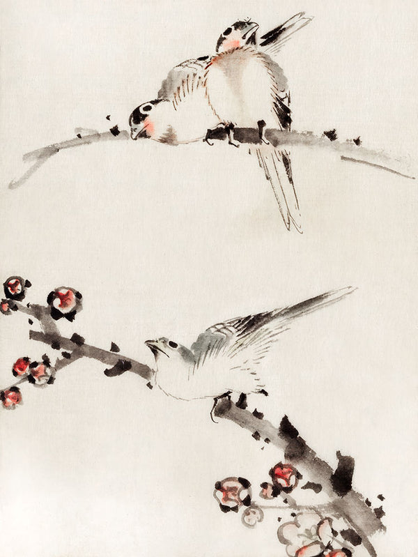 Three Birds Perched on Branches, one with blossoms by Katsushika Hokusai - Art Print - Zapista