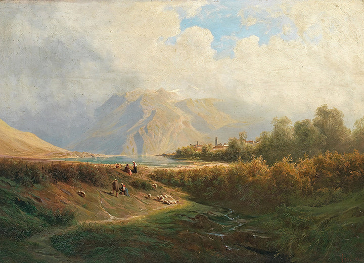 Upper Italian Town on a Lakeshore with Herd of Sheep and Shepherd in the foreground by Leopold Heinrich Voscher - Art Print - Zapista