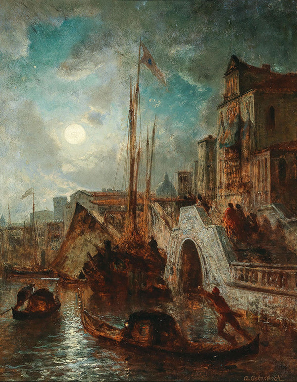 Venice, A Canal in the Moonlight, with Santa Maria della Salute in the Background by Andreas Achenbach - Art Print - Zapista
