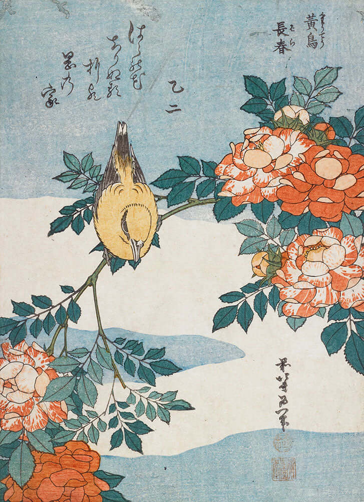 Warbler and Roses by Katsushika Hokusai - Art Print - Zapista