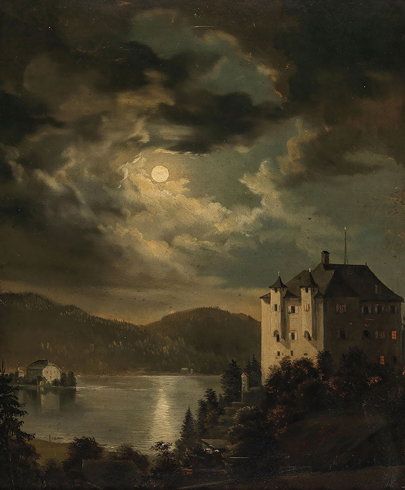 Worthersee, Mondstimmung uber Schloss Freyenthurn mit Blick auf Loretto by Clementine von Rainer - Art Print - Zapista