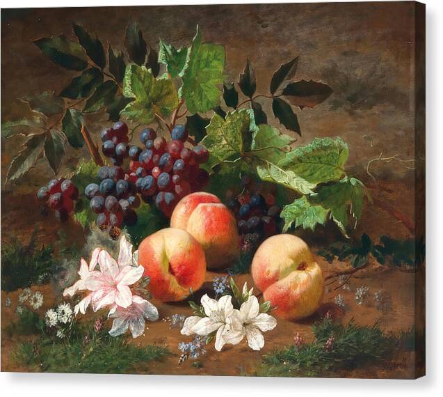A Forest Still Life with Peach and Grapes - Canvas Print