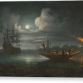 A Moonlit Mediterranean Harbour with Fishermen Pulling in their Catch - Canvas Print