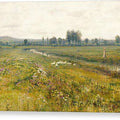 An Extensive Meadow Landscape with Geese by a Stream - Canvas Print