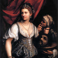 A classical oil painting portrait showing a woman in ornate historical dress with a dark red draped background, accompanied by two men holding a tray.