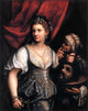 A classical oil painting portrait showing a woman in ornate historical dress with a dark red draped background, accompanied by two men holding a tray.