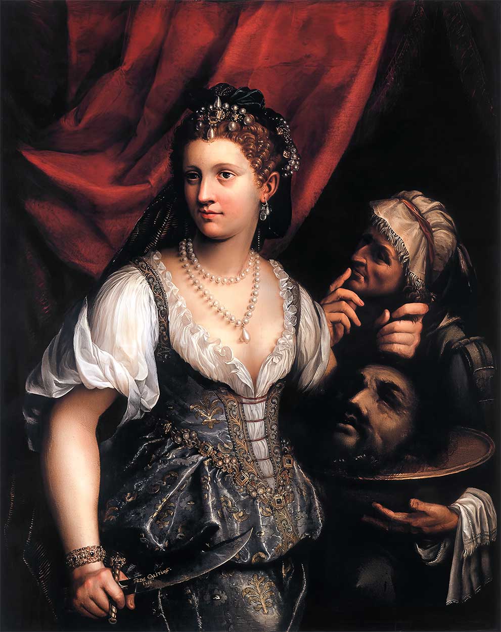 A classical oil painting portrait showing a woman in ornate historical dress with a dark red draped background, accompanied by two men holding a tray.
