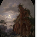 Monk Meditating near a Ruin by Moonlight - Canvas Print