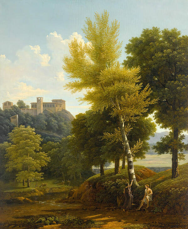 View of a brook in the countryside, a castle in the hillside above, with Paris and Oenone in the for - Art Print
